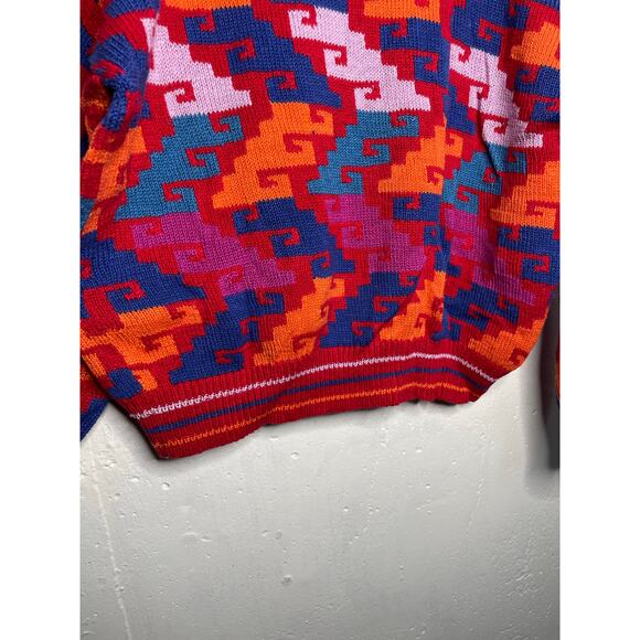 Vintage Amerindia Handmade in Bolivia Knit Sweater Red Pink Blue Orange Size L - Picture 7 of 7